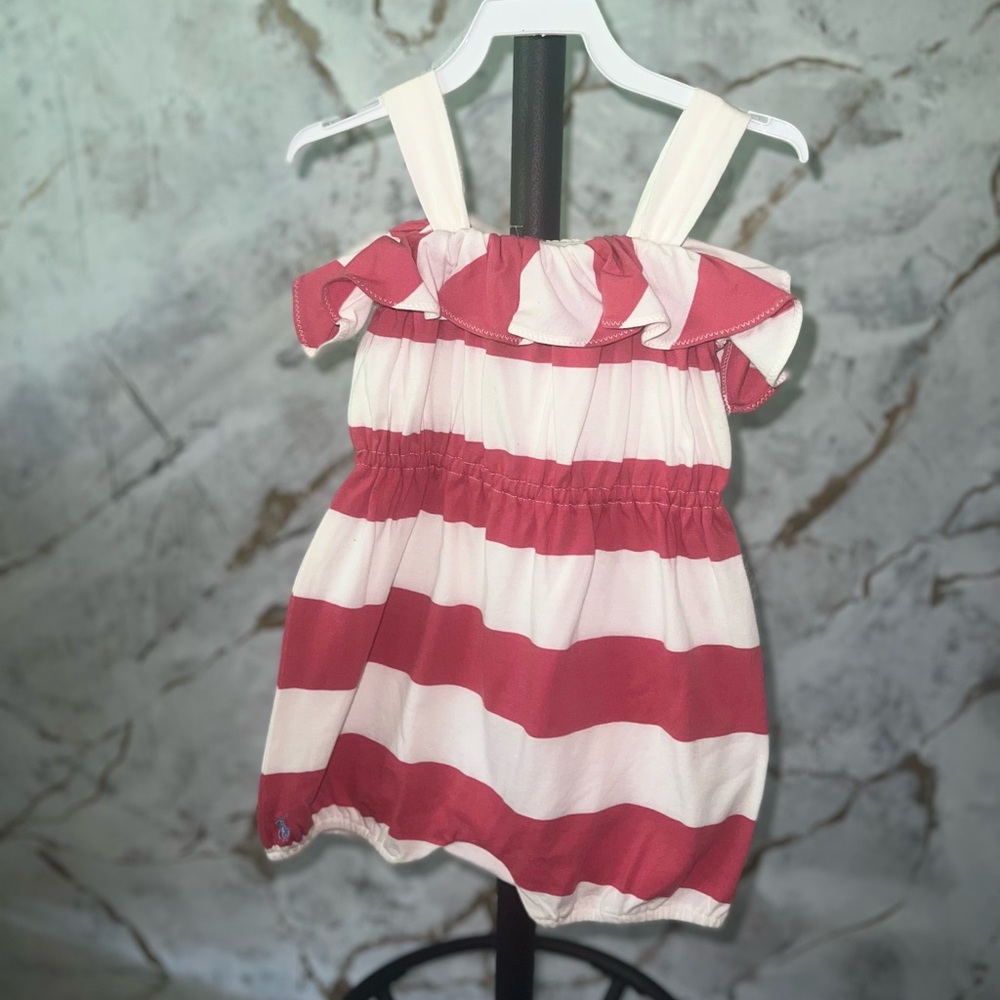 Girls romper short set. Pink and beige striped .